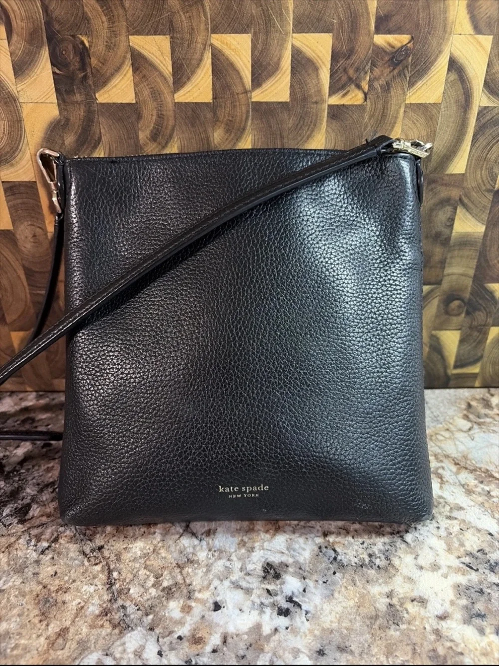 kate spade Black Pebbled Leather Slim Crossbody with Spade Logo